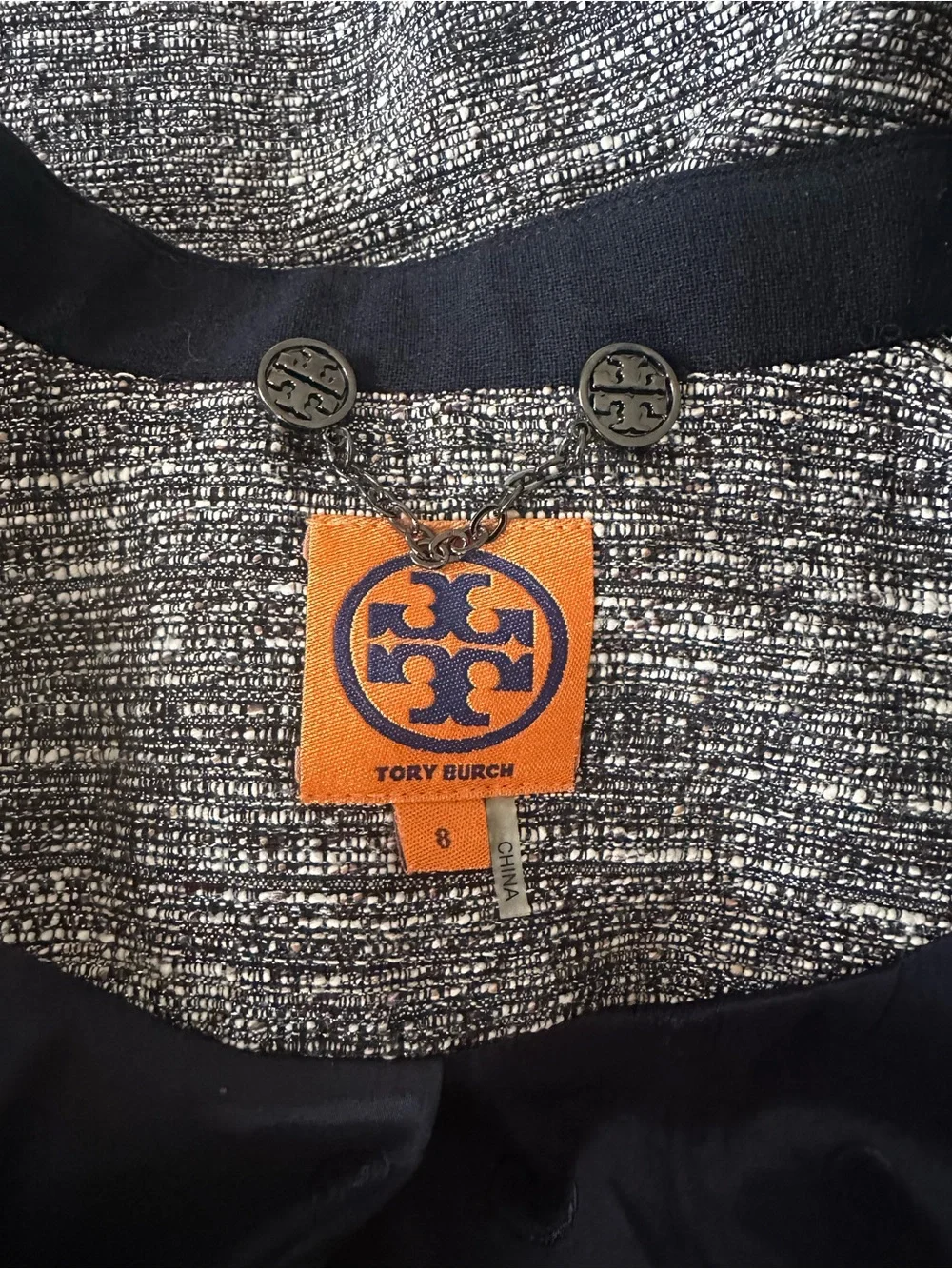 Tory Burch Navy-Trim Gray Tweed Open Jacket Blazer